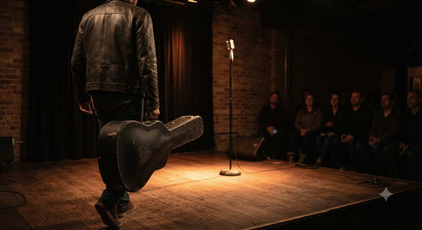 A musician carrying a guitar case walks toward a spotlit stage